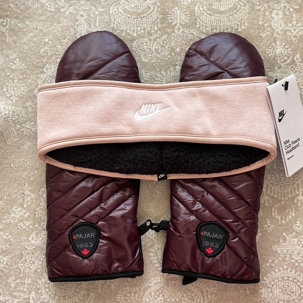 NWT Nike Club Fleece Pink Headband & NWOT Pajar 1963 Canada Burgundy Mittens Set
